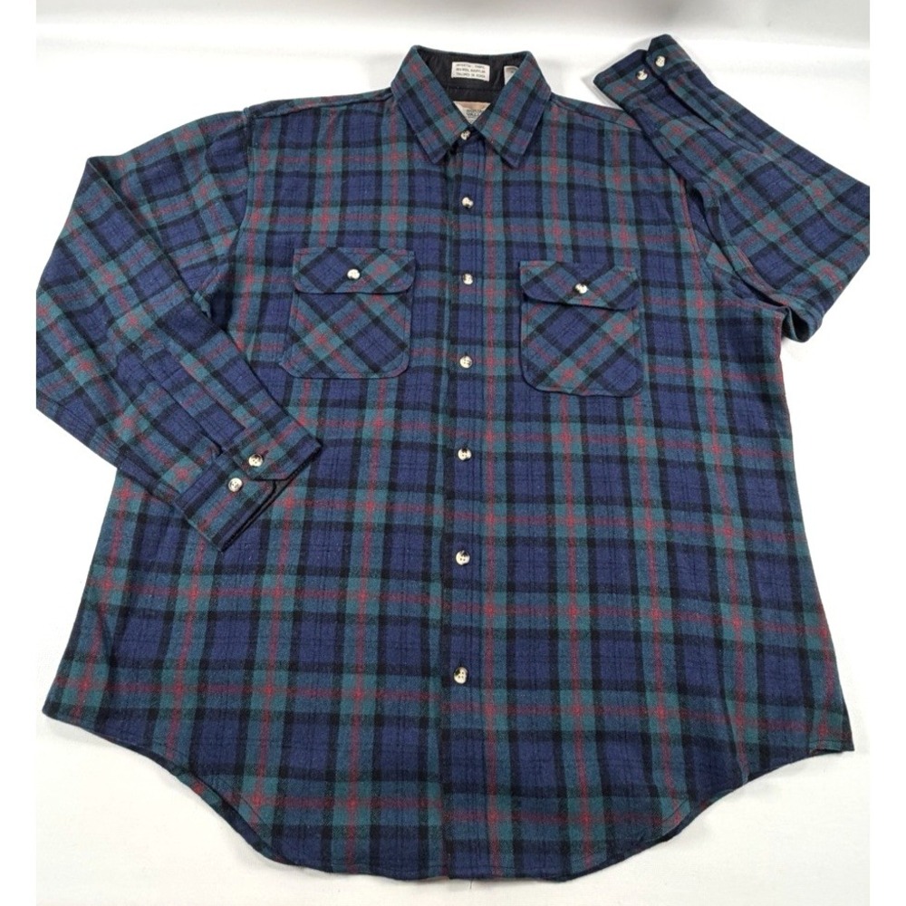 Vintage Squaw‎ Valley Flannel Shirt Mens XL Blue Green Plaid Wool Nylon Korea